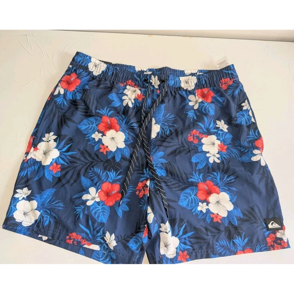 Quicksilver Shorts Mens L Blue Swimwear Lined Elastic Waist Beach Floral